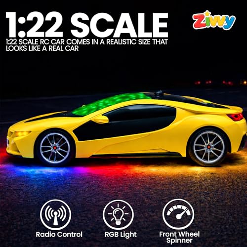 Image of Yellow Rechargeable Remote Control Car Toy, RC Racing Vehicle for Children, High Speed, 3D LED Light Car, Kids Battery Car, RC for Boys & Girls, Toys for Kids, Birthday Gift for Boys and Girls