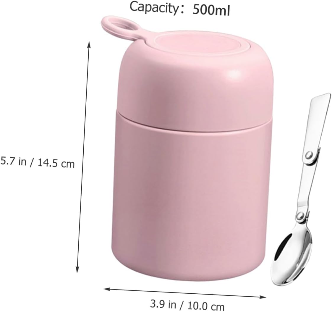 Insulated Soup Cup 500ml Vacuum Food Jar with Leakproof Lid and Foldable Spoon Portable Thermal Breakfast Container for Students and Office Use Pink
