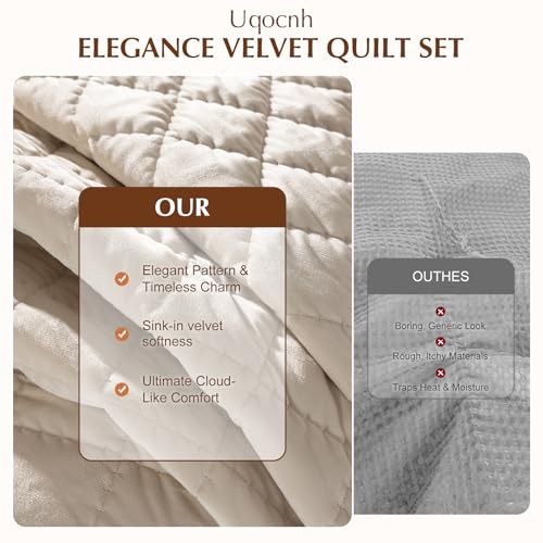 Uqocnh Luxury Velvet Quilt Set King Size 3 Piece, Soft Channel Stitch Velvet Comforter Set with 2 Pillow Shams, Lightweight Coverlet Bedspread Bedding Set for All Seasons, Beige — view 4
