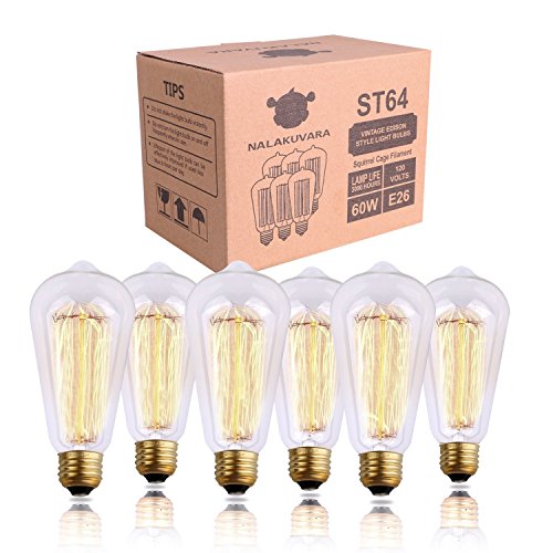 6-Pack Edison Light Bulbs 60 Watt, Vintage Incandescent Edison Bulb Set, 2700K Amber Warm Light - 380 Lumens - E26 Base - Clear Glass - Dimmable Antique Exposed Filament - ST64 Decorative Lightbulbs