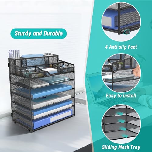 Image of 6 Tier Mesh Paper Desk Organizer with Pen Holders, Black