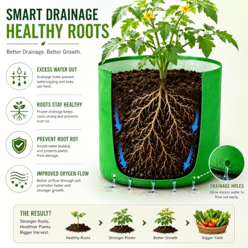 Image of Grow Bags for Terrace Gardening, Premium HDPE Green-Orange Large Planters for Fruit Trees, Vegetables, Flowers & Home Garden Pack of 7(15x15)