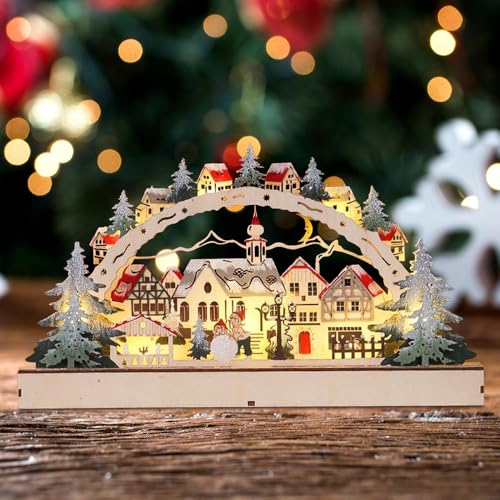 KQWVZ Arco de madera 3D para decoración navideña, luces de Navidad, escenas festivas de madera, arco de vela LED, decoraciones navideñas iluminadas para interiores, puente de vela de madera 3D