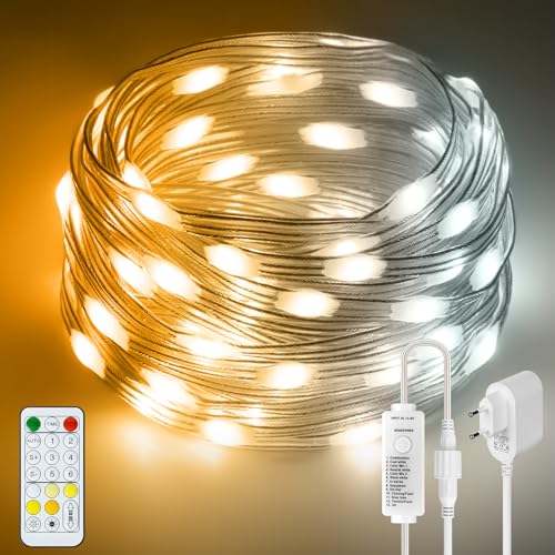 Corda de luzes de fadas 30 m, grinalda de luzes LED luz branca quente até fria com controlo remoto, 8 modos, 2700 K-6500 K, intensidade regulável, IP67 para o Natal, casamentos, decoração festiva