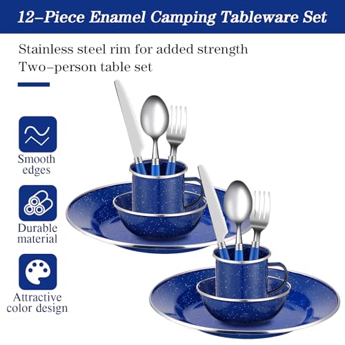 Nuogo 12 Pcs Enamel Camping Tableware Set Dinnerware Kit Includes 12 oz Coffee Mugs Camping Plates Bowls and Utensils Set with Knife Fork Spoon for 2 People Hiking Picnic Outdoor(Blue) - Thumbnail 4