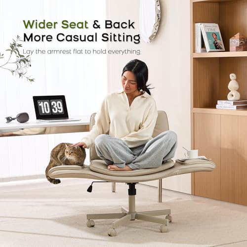 Criss Cross Chair with Armrests & Wheels, PU Leather Vanity Chair, Comfortable Adjustable Swivel Computer Office Desk Chairs for Home, Make Up, Bed Room (Cream White)