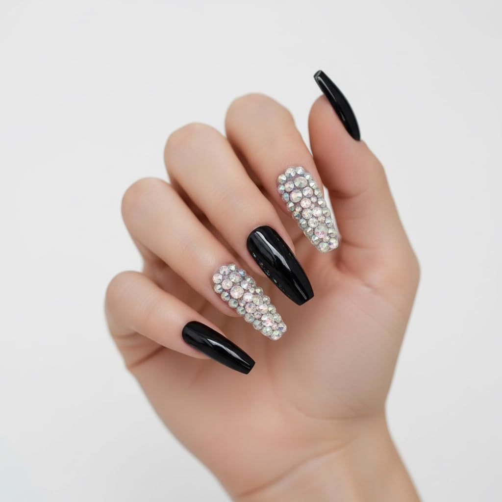 Black 3D Crystal Design Press On Nails - Extra Long Coffin Ballerina Fake Nails with Rhinestones and Nail Glue, Reusable Nail Tips - Glue On Nails 24 Nail Kit, Sparkle Night