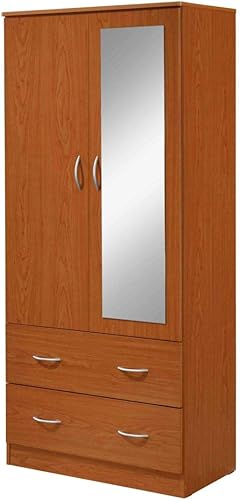 Miniatura 8 de HODEDAH Armario de madera de 2 puertas con barra de ropa dentro del gabinete, 2 cajones para almacenamiento y espejo, color blanco Blanco,Negro