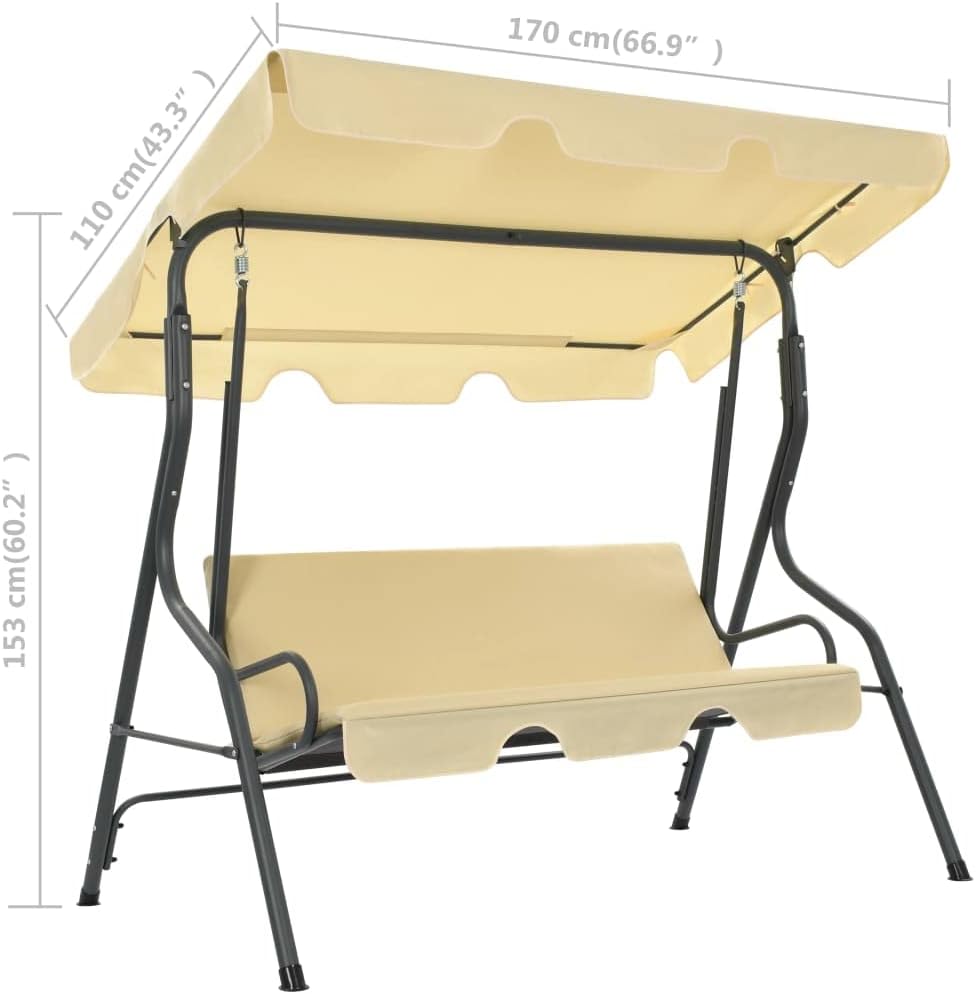 vidaXL Patio Swing Chair, Outdoor Swing Bench with Canopy and Cushion, Hanging Daybed, Outdoor Swing Seat for Balcony Porch, Cream White Steel