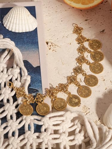 Image of MINACHI Boho Coin Charm Brass-Tone Vintage Tribal Style Chain Anklet | Brass-tone coin charm anklet, vintage tribal style chain, boho beach style design; perfect for beach days and summer outfits