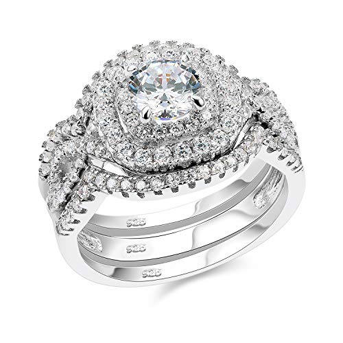 SHELOVES Engagement Wedding Ring Set for Women Double Halo Sterling Silver Round White AAA Cz Size 7