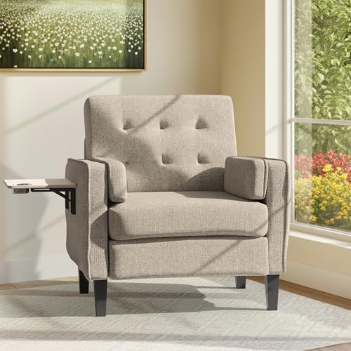 Image of Chenille Accent Chair, Mid Century Modern Arm Chair with Foldable Wooden Side Table & Cup Holder - Comfy Reading Chair for Bedroom,Living Room Chairs,Single Sofa Chair,Beige
