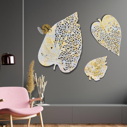 Image of SNS DECOR Luxury Metal Abstract Figures Leaf Wallart Set of 3 Handcrafted Wall Sculpture Wall Art Multicolor For Home Decoration (White & Gold)