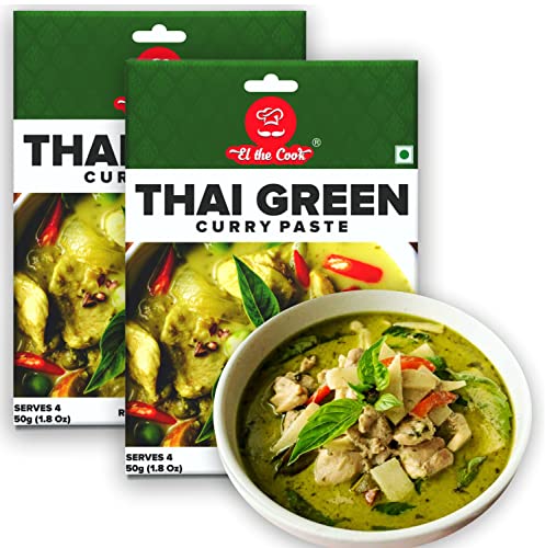 Image of EL The Cook Green Thai Curry Paste - Medium | 100% Veg & Natural | Make Restaurant Style Chicken, Fish, Prawn, Vegetable, Tofu Thai Curry Fresh at Home | 50g Pack Serves 4-5 | Ready to Cook | 2 Pack