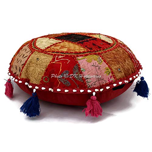 Dk Homewares Round Bohemian Floor Pillow Cover Multicolored 18 Inch Patchwork Yoga Pouffe Footstool Home Decor Embroidered Vintage Cotton Indian Floor Cushions Seating For Adults 18X18 #TOP16