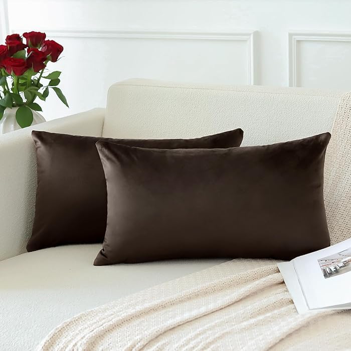 Image of Holland Velvet Rectangular Cushion Covers Pack of 4 | 12 inch x 18 inch / 30 x 46 cm, Coffee Brown | Soft Pillow Covers Cushion Case for Sofa Bedroom Chair Car, Home Decor