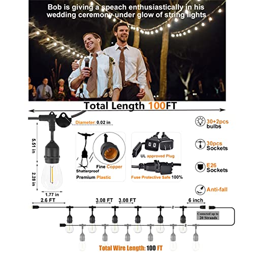 Meidaoduo Outdoor String Lights Led 100Ft Heavy-Duty Patio Lights String With 32 Dimmable Shatterproof Plastic Bulbs For Gazebo Pergola Bistro Lights Linkable #TOP1