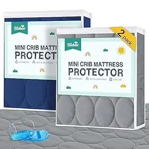 Mini Crib Mattress Protector Sheets Waterproof 2 Pack, Quilted Pack and Play Mattress Pad Cover Fits for Baby Mini Crib/Playen/Pack and Play Mattress, Grey & Navy, 38"x24"