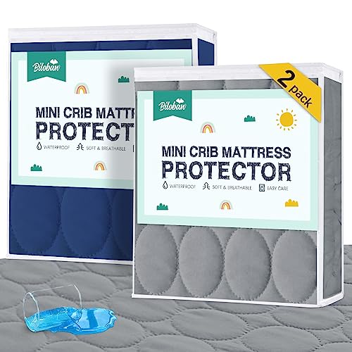 Mini Crib Mattress Protector Sheets Waterproof 2 Pack, Quilted Pack and Play Mattress Pad Cover Fits for Baby Mini Crib/Playen/Pack and Play Mattress, Grey & Navy, 38"x24"