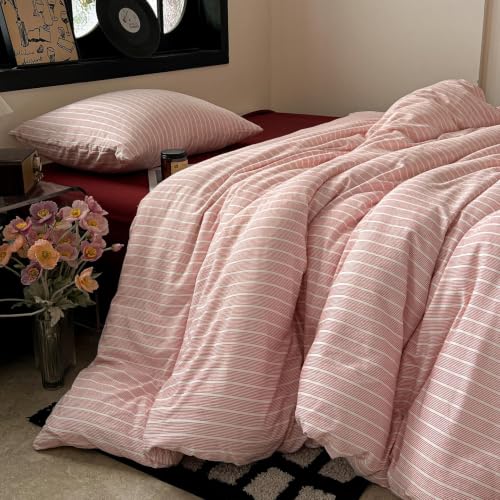 Image of Striped Duvet Cover Set Twin Size Red White Stripes Bedding Set