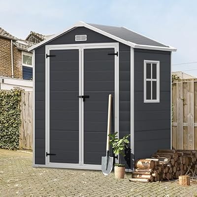 Seizeen 6x4.4ft Resin Shed with Floor, Waterproof Outdoor Plastic Shed w/Lockable Doors, Window & Vents, Outdoor Storage Shed for Storing Lawn Mower, Patio Furniture, Tools, Bike (Dark Gray)