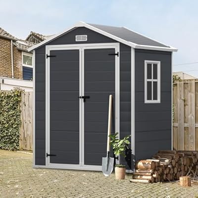 Seizeen 6x4.4ft Resin Shed with Floor, Waterproof Outdoor Plastic Garden Shed w/Lockable Doors, Window & Vents, Outdoor Storage Shed for Storing Lawn Mower, Patio Furniture, Tools, Bike (Dark Gray)