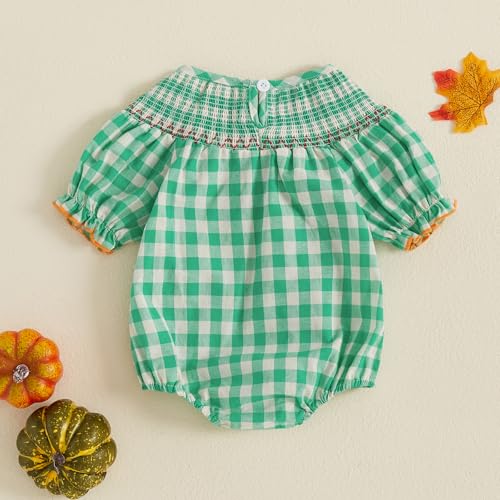 Toddler Baby Girl Halloween Outfits Pumpkin Print Plaid Short Puff Sleeve Smocked Romper Cotton Linen Bodysuit3