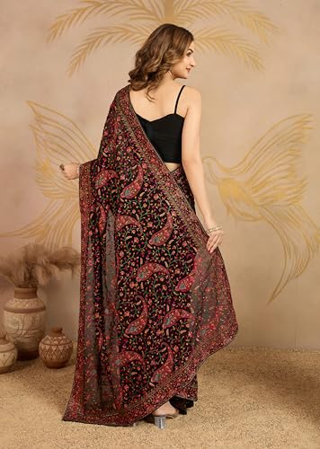 Image of TRENDMALLS Women's Georgette Multi Colour Resham Thread Embroidery with Siroski work Saree with Unstitched Blouse Piece