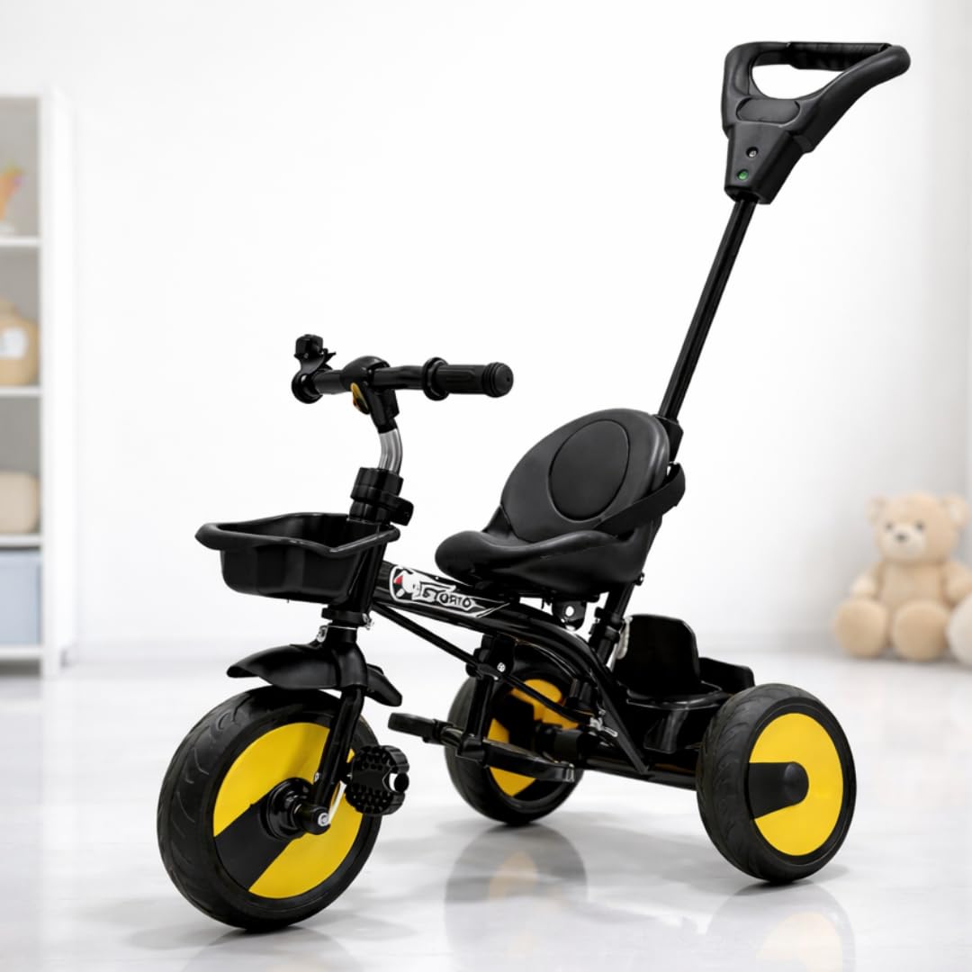 Storio Kids Tricycle with Parental Handle, Bell & Storage Basket | Baby Trike with EVA Wheels & Safety Belt | Tricycle for Kids Age 2–5 Years | Durable Frame | Weight Capacity 30 Kg - Black