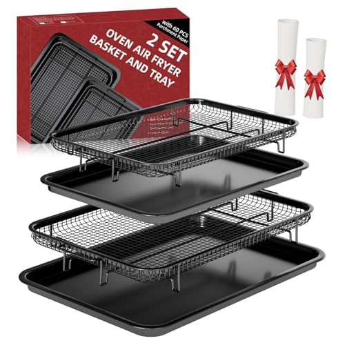 Comparison: Best Pan For Air Fryer Oven 7 Air Fryer Basket for Oven, 2 Set Air Fryer Basket and Tray Set with 60 Sheets Parchment Papers,THORSES Stainless Steel NonStick Air Fryer Pan and Crisper Tray-Black Large15.7“×11.6” & Medium12.8"×8.9"