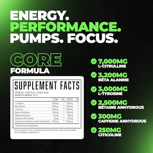 Image of Wrecked Core - All-in-One Pre-Workout Supplement for Men & Women, Increase Energy, Focus & Pumps with L-Citrulline, Beta-Alanine, L-Tyrosine & More (30 Servings) - Green Apple
