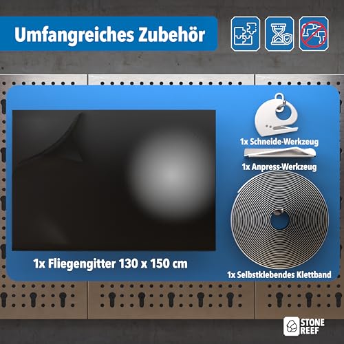 Fliegengitter Fenster [130x150cm + Schneidewerkzeug] Insektenschutz mit Klettband – Moskitonetz, Mückennetz, Fliegennetz zum Kleben – Einfache Montage ohne Bohren – Zuschneidbar für alle Fenster