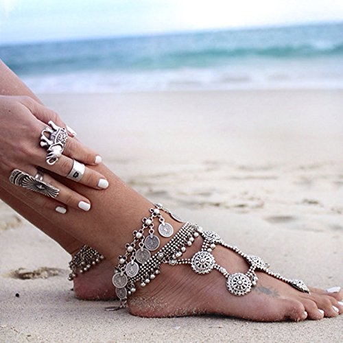 JANE STONE Vintage Style Antique Silver Anklet Color Coin Tassels Beach Ankle Chain
