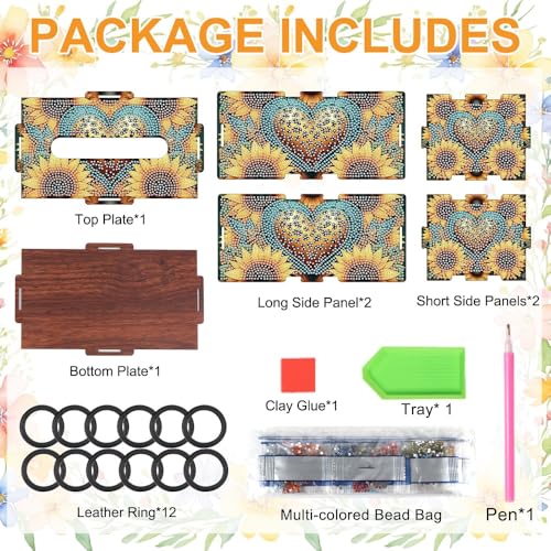Image of DIY Diamond Painting Tissue Box, Wooden Diamond Art Napkin Holder with Sunflower and Leopard Print Design, Decorative Rhinestone Craft Tabletop Kit for Adults, Desktop Storage Organizer