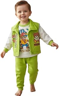بيجاما خريفي للأطفال، بدلة 3 قطع طباعة كرتونية مبهجة و الوان متعددة ، بنطلون و تيشيرت وسترة كاجوال. عمر 9 : 12 شهر