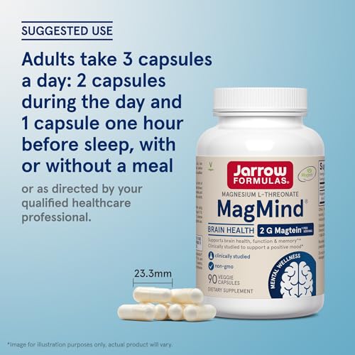 Jarrow Formulas Magnesium L-Threonate, MagMind Magtein Brain Supplements for Memory Support, 90 Veggie Capsules, Up to a 30 Day Supply