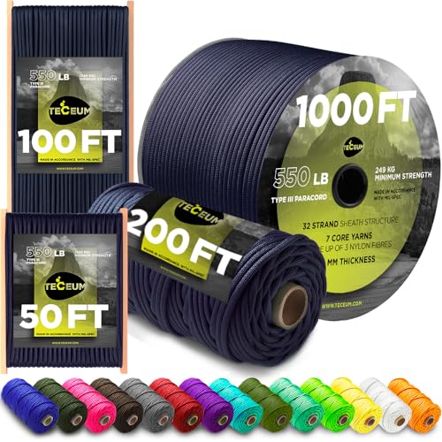 TECEUM Paracord Type III 550 Navy Blue – 30 m – 4mm – Tactical Rope MIL-SPEC – Outdoor Para Cord – Camping Hiking Fishing Gear and Equipment – Parachute Cord – Strong Survival Rope (100ft) 038