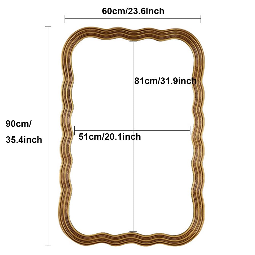 Lustro Łazienkowe Prostokątne 60x90 cm, Nowoczesne Dekoracyjne Lustro Ścienne ze Złotą Falistą Ramą do Zawieszenia Poziomo lub Pionowo