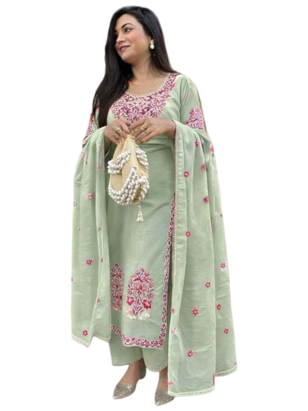 gosriki Kurta Sets for Women Viscose Embroidered | Kurta Pant Dupatta Set | Straight Kurti Set for Women | Round Neck 3/4 Sleeve Ethnic Suit | Designer Indian Kurti Outfit with Pants-picture-12