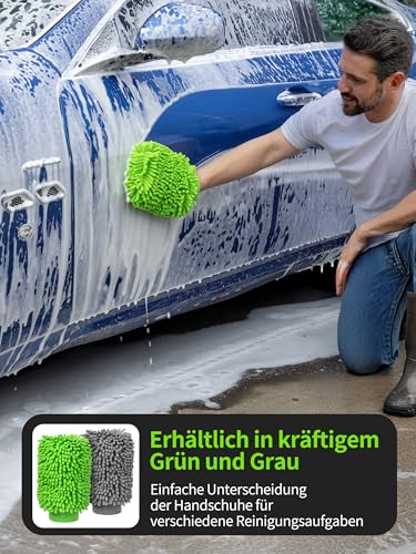 MR.SIGA Hochwertig Mikrofaser Waschhandschuh Weiche Chenille Autowaschhandschuh, 2 Stück, Grau & Grün, 2er Pack