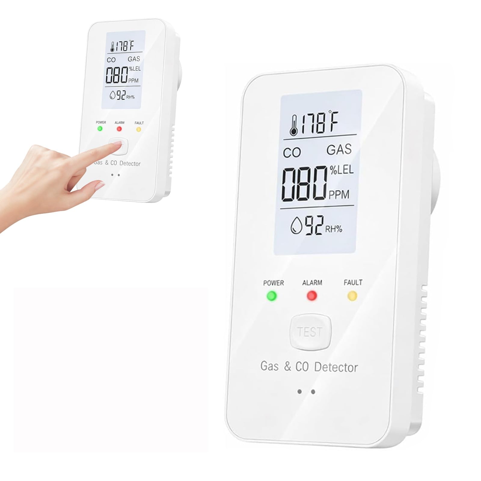 4-in-1 Natural Gas Detector, Combustible Gas Leak Monitor with HD LCD Screen, CO LEL Temp & Humidity Sensor, Plug-and-Play Explosive Gas Alarm for Home Kitchen Garage Basement RV and Camper (White)