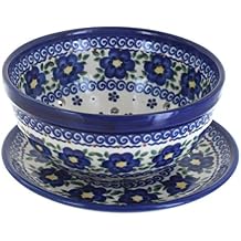 Blue Rose Polish Pottery - Blue Spring Blossom Berry Bowl with Saucer - 6" Diameter - Ceramic Berry Bowl with Drain Holes, Perfect for Rinsing & Serving Fruit