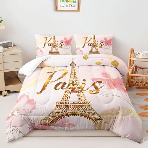 AILONEN Eiffel Tower Bedding Set Queen Size,Tie Dye Flower Pink Comforter Set for Girls Women,3-Piece Pink and Gold Watercolor Paris Girls Comforter with 2 Pillowcases