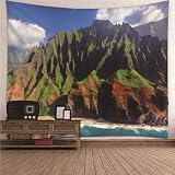Blue Tapestries for Bedroom Mountain Range Tapestry Green Mountain River Sky Microfiber - W 59.06'x H 59.06'(150 x 150cm）