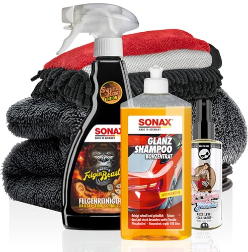 Autowäsche Set - SONAX: Autoshampoo Konzentrat Felgenbeast Felgenreiniger - Detailmate: Trockentuch Waschhandschuh - Nuke Guys Lufterfrischer Duftspray - Autoreinigungsset Aussen