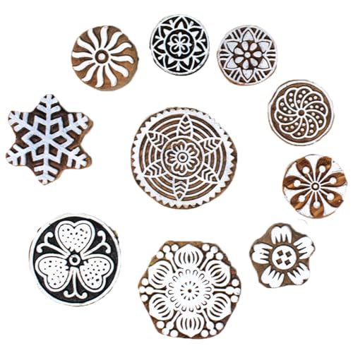 Image of Wooden Stamp Block, Printing Stamp Design Set | Block for Printing Saree Border | Dresses, Craft Card Making, Scrapbook, Clay Pottery | Set of 10