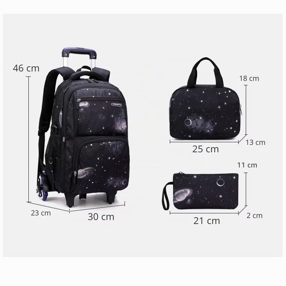 Zaino Trolley Scuola 3 in 1 Con Ruote, Borsa per il Pranzo e Sacchetto Portapenne per Ragazzi (Galassia Blu)
