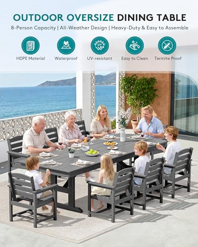 Image of SERWALL 9 Piece 84 inch HDPE Outdoor Dining Set for 8 with Armchairs and Umbrella Hole, Gray
