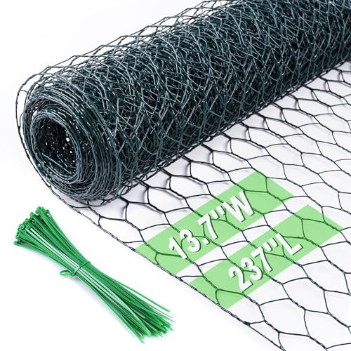 Image of Chicken Wire 13.7 in x 237 in Poultry Wire Netting Hexagonal Galvanized Mesh Garden Fence Barrier for Pet Rabbit Chicken Fencing with 100 Pcs Cable Zip Ties(PVC-Coated)