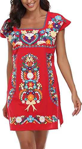 Image of YZXDORWJ Women Mexican Embroidered Dress Ruffle Collar Sleeveless
